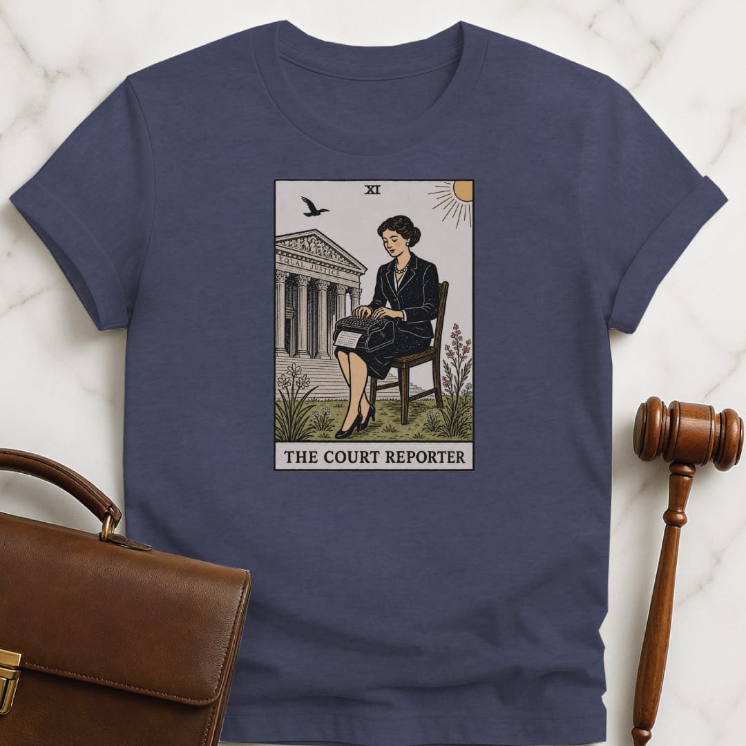 funny attorney tee that says The Court Reporter featuring tarot card style of a woman court reporter in heather blue