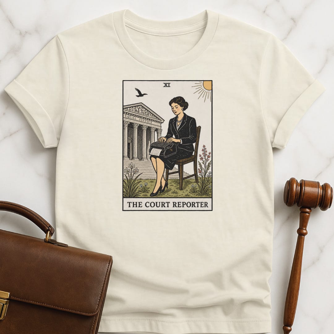 unique lawyer graphic t-shirt that says The Court Reporter featuring tarot card style of a woman court reporter in cream