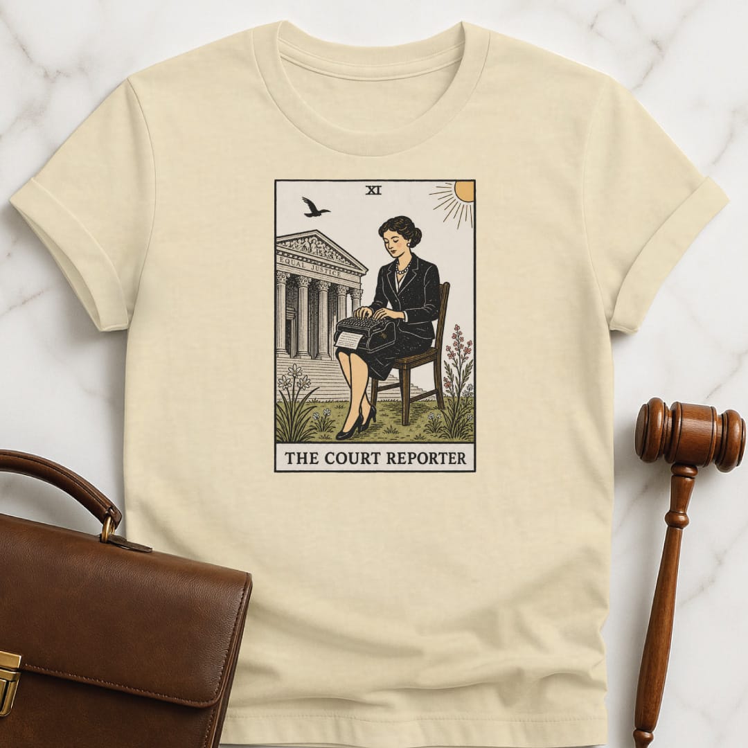 funny attorney graphic t shirt that says The Court Reporter featuring tarot card style of a woman court reporter in cream