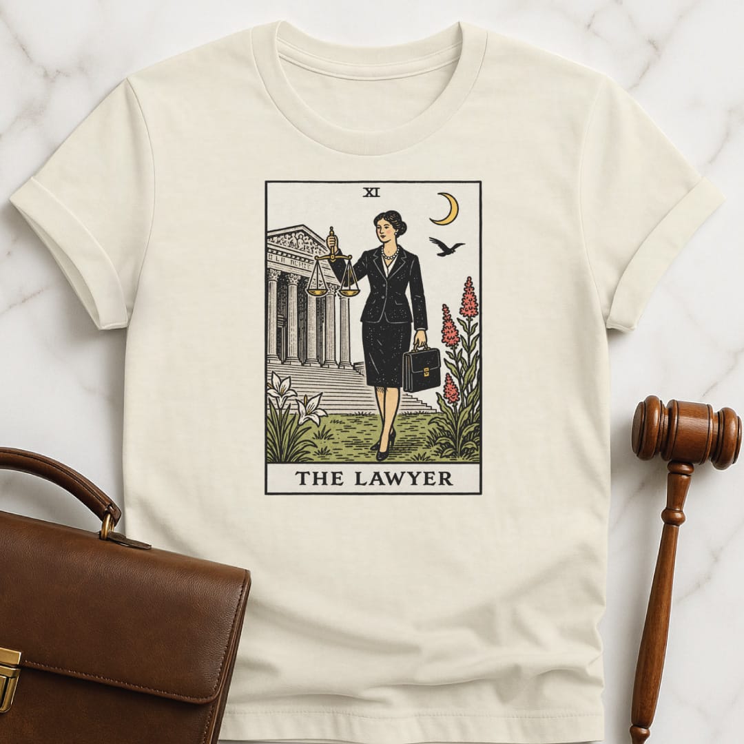 cool new lawyer graphic t-shirt that says The Lawyer featuring tarot card style of a woman lawyer holding a scales of justice in front of a courthouse in cream