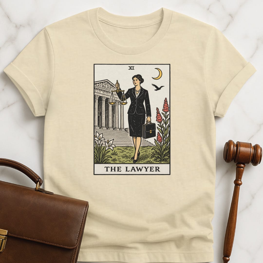 unique new attorney graphic t shirt that says The Lawyer featuring tarot card style of a woman lawyer holding a scales of justice in front of a courthouse in cream