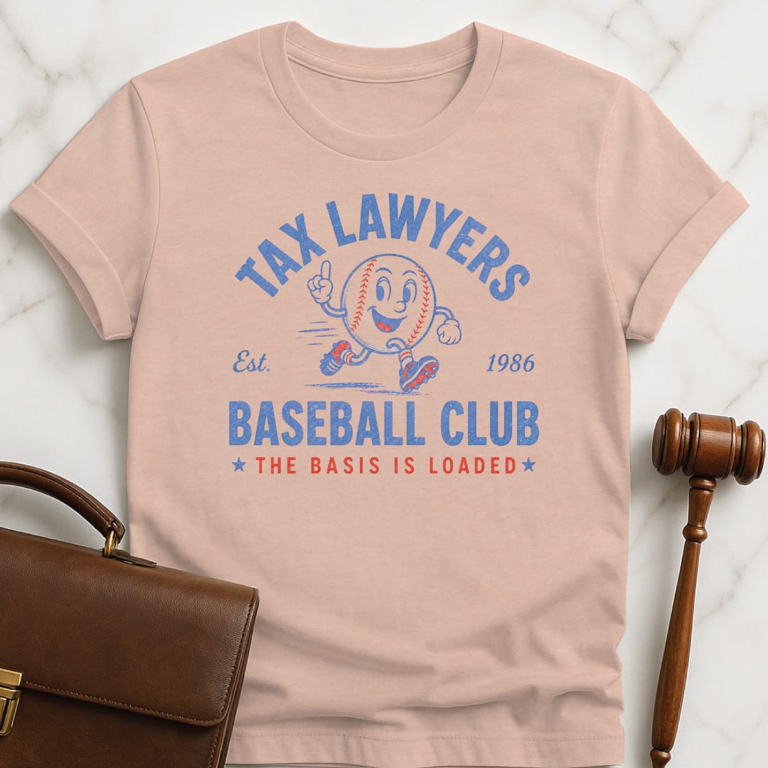 funny law graduate tshirt that says tax lawyers baseball club the basis is loaded est 1986 featuring baseball with a hat and bat in heather peach