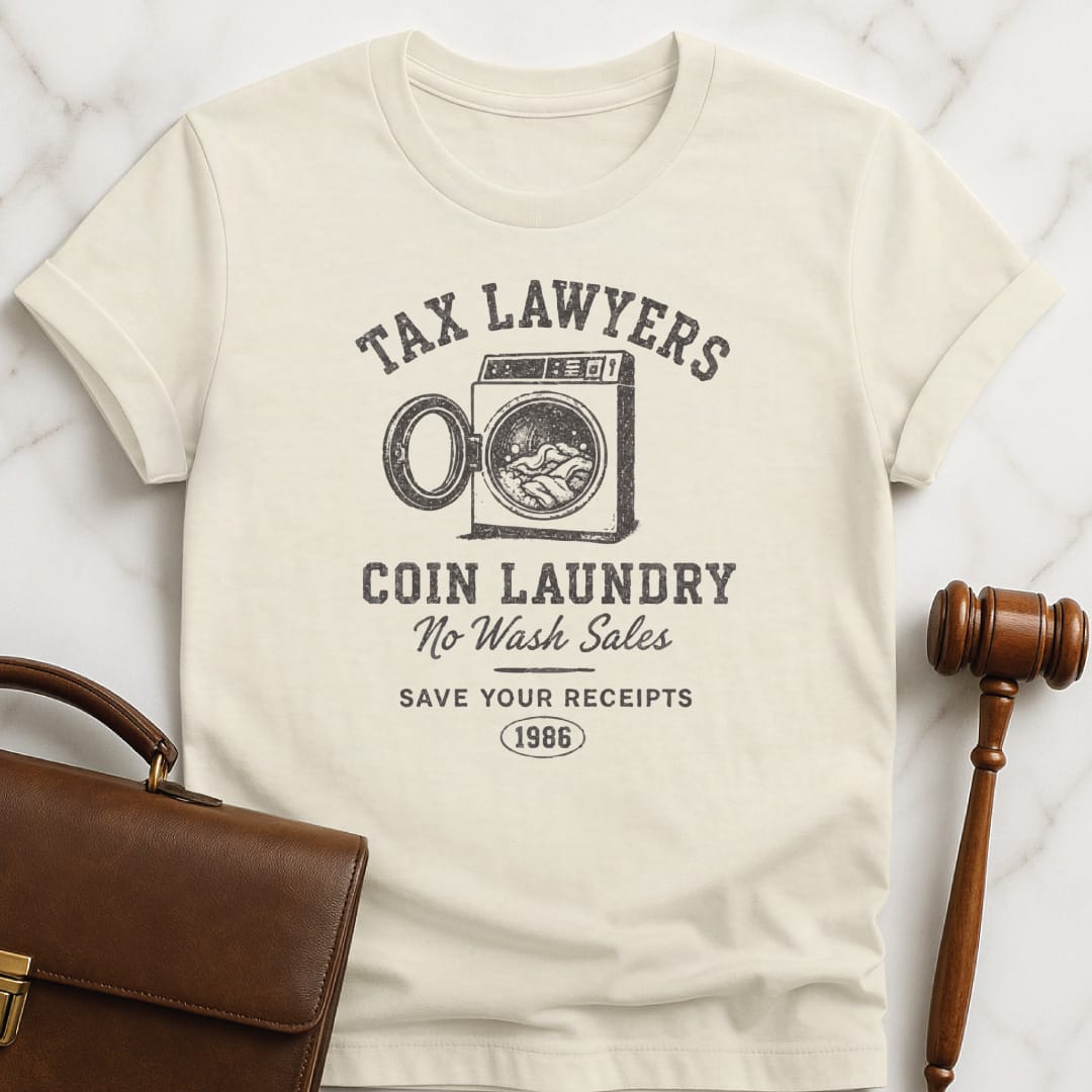 funny attorney graphic t-shirt that says tax lawyers coin laundry no wash sales featuring washing machine in cream
