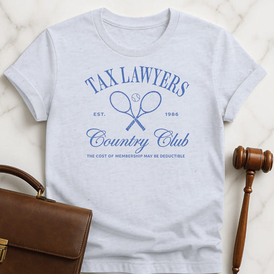 cool new attorney t shirt that says Tax lawyers country club the cost of featuring tennis rackets in grey