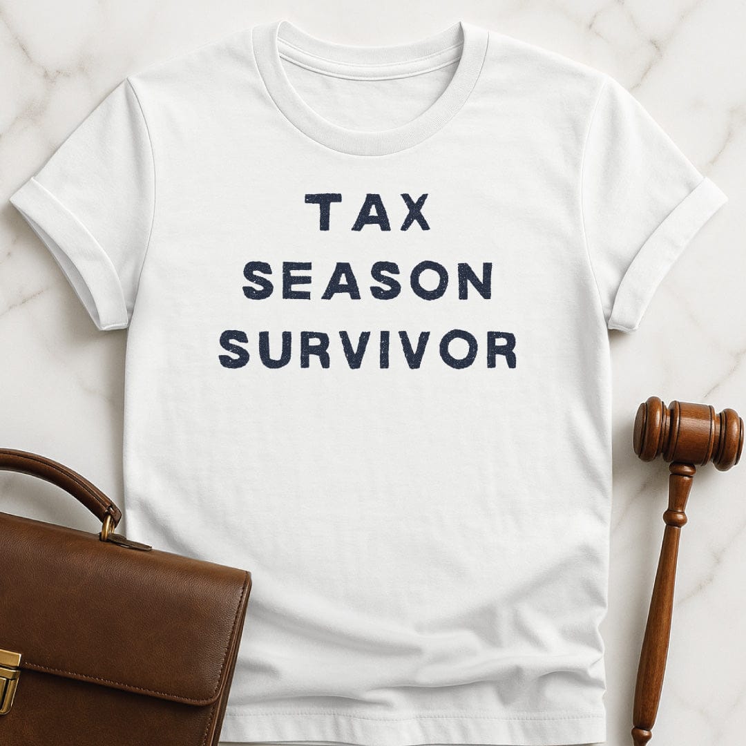 funny law school grad graphic tshirt that says Tax Season Survivor in white