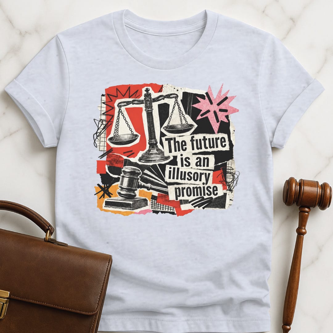 cool law grad tshirt that says the future is an illusory promise featuring cutouts of gavel scales of justice stars in grey