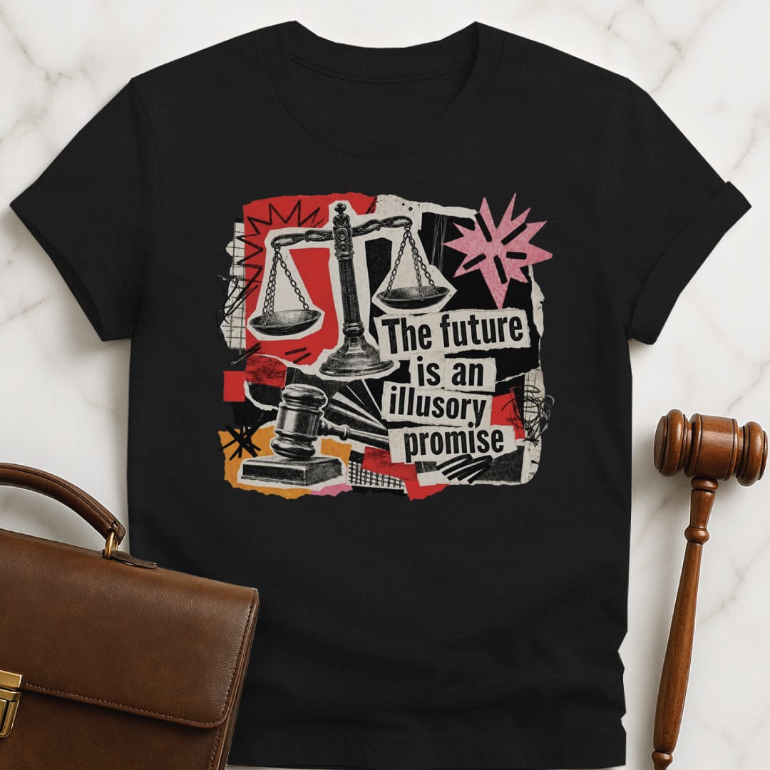 cool lawyer graphic tshirt that says the future is an illusory promise featuring cutouts of gavel scales of justice stars in black