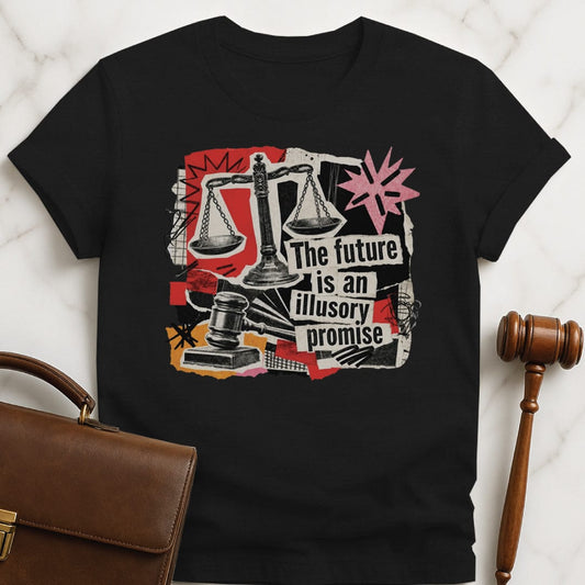 cool lawyer graphic tshirt that says the future is an illusory promise featuring cutouts of gavel scales of justice stars in black