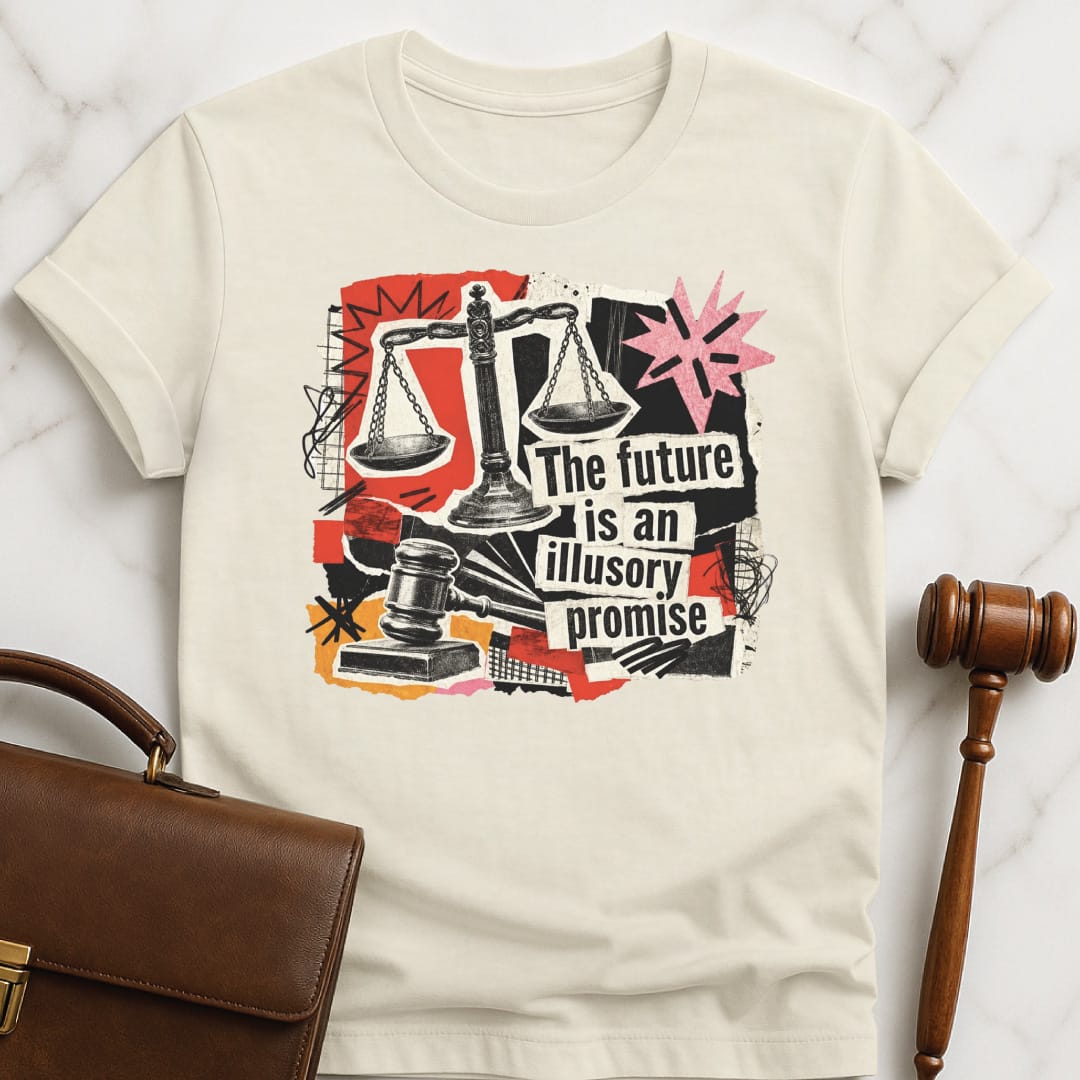 unique attorney graphic tee that says the future is an illusory promise featuring cutouts of gavel scales of justice stars in cream