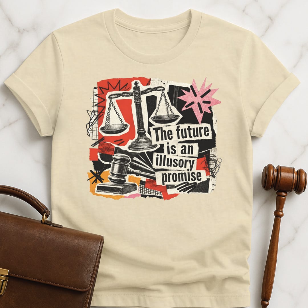 cool law school t-shirt that says the future is an illusory promise featuring cutouts of gavel scales of justice stars in cream