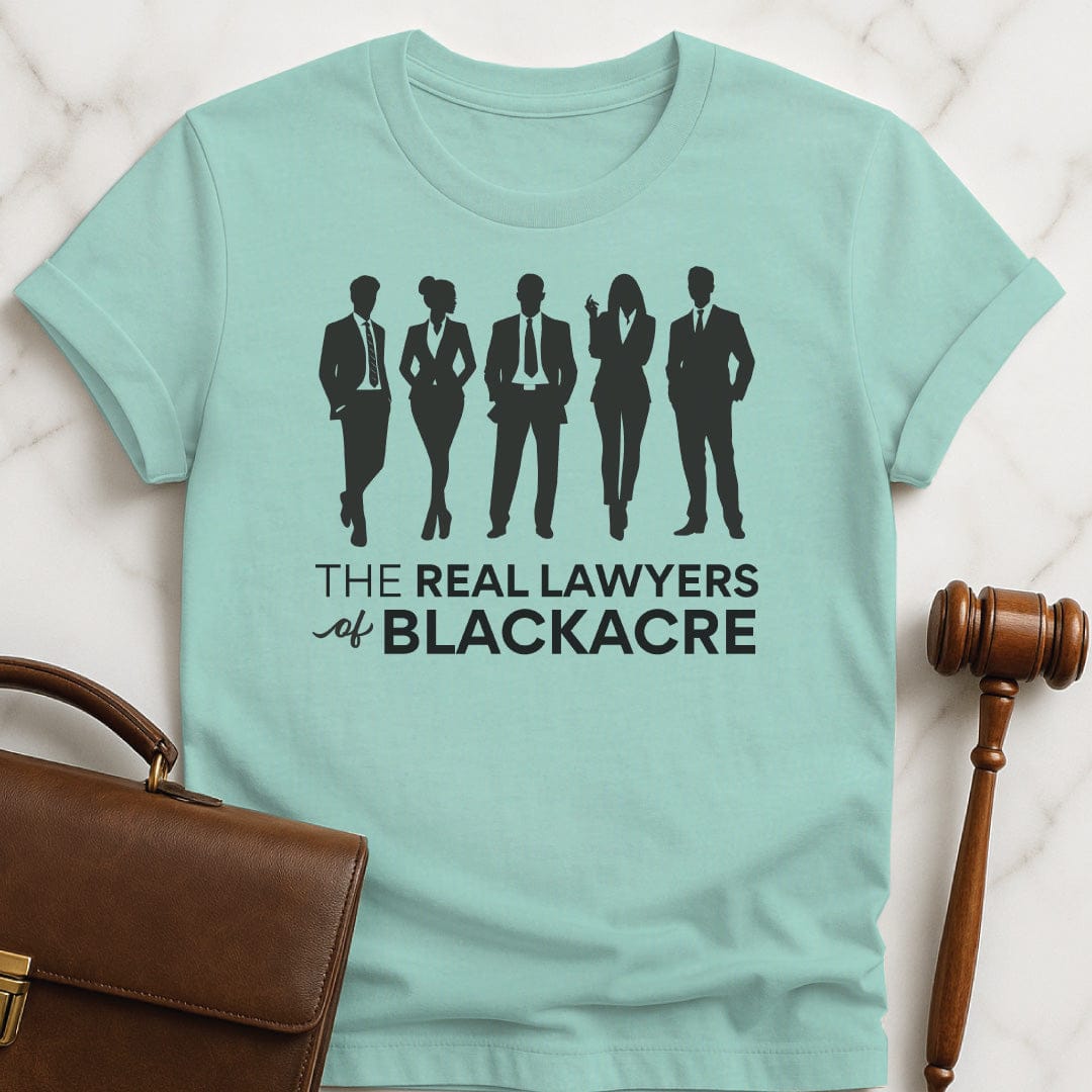 cool attorney t-shirt that says the real lawyers of blackacre featuring silhouette of lawyers in heather green