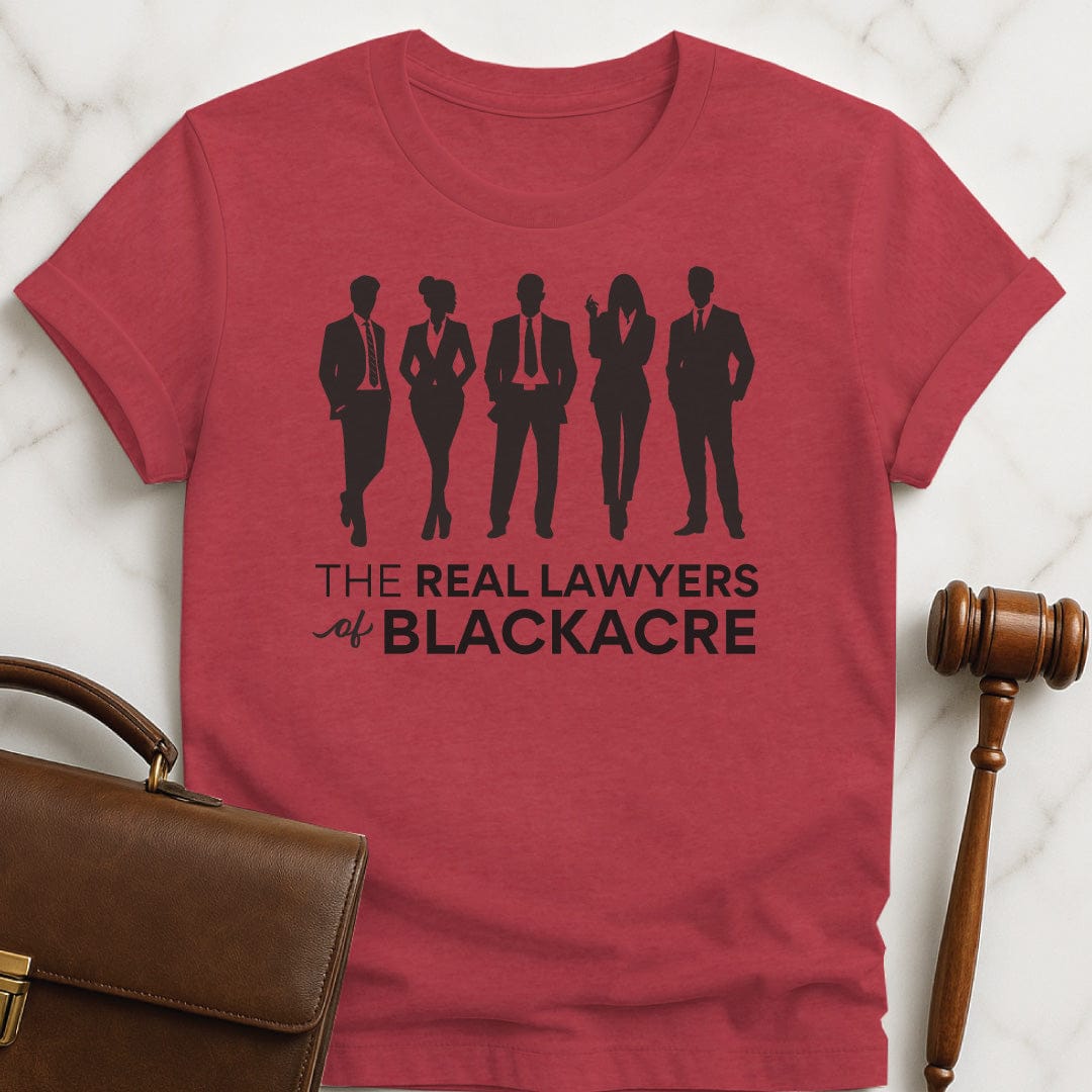 cool law graduate graphic tshirt that says the real lawyers of blackacre featuring silhouette of lawyers in heather red