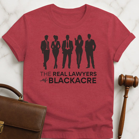 cool law graduate graphic tshirt that says the real lawyers of blackacre featuring silhouette of lawyers in heather red