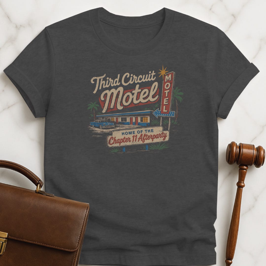 funny law school grad graphic t-shirt that says Third Circuit Motel Home of the Chapter 11 Afterparty featuring retro motel in grey