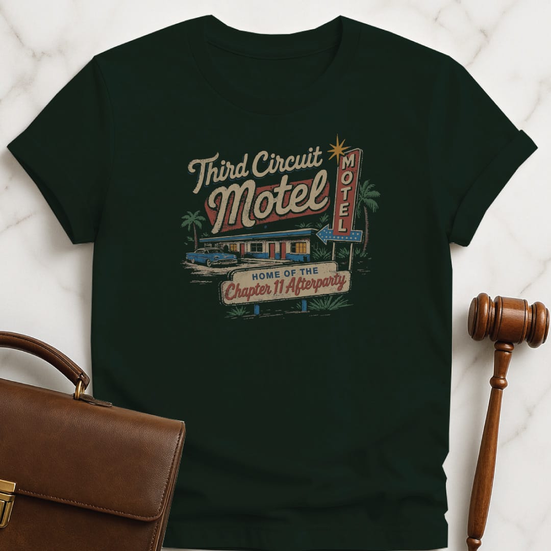 cool law school graduate graphic t shirt that says Third Circuit Motel Home of the Chapter 11 Afterparty featuring retro motel in green