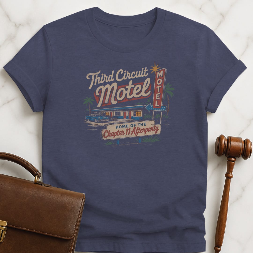 funny law graduate graphic tshirt that says Third Circuit Motel Home of the Chapter 11 Afterparty featuring retro motel in heather blue