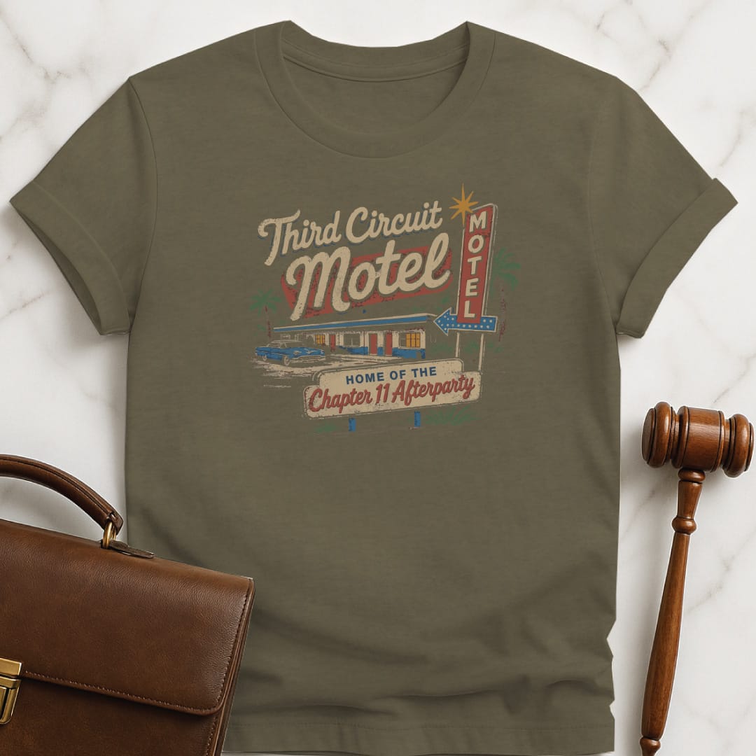 cool lawyer t shirt that says Third Circuit Motel Home of the Chapter 11 Afterparty featuring retro motel in heather green
