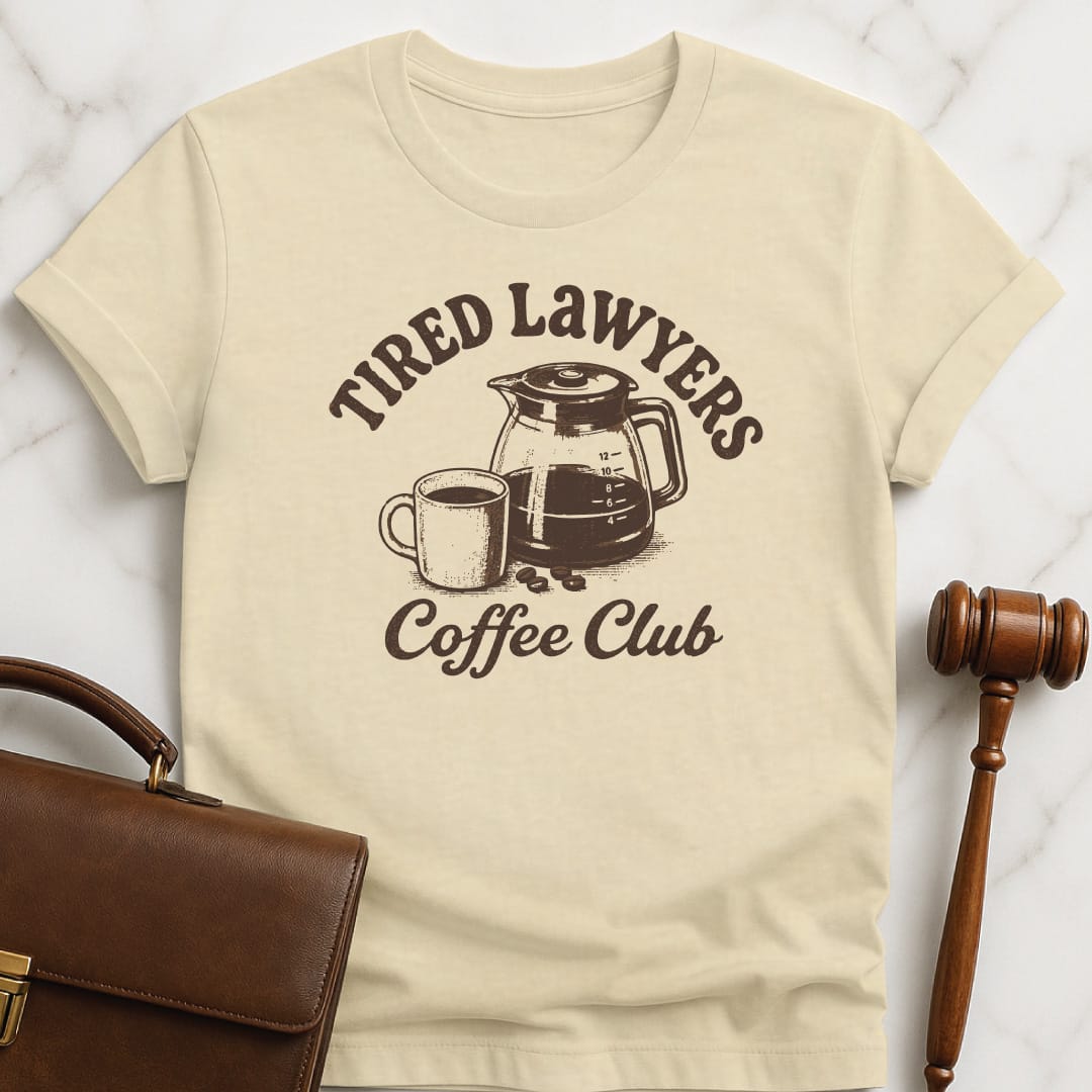 funny new lawyer t-shirt that says tired lawyers coffee club featuring coffee cup and coffee pot in cream