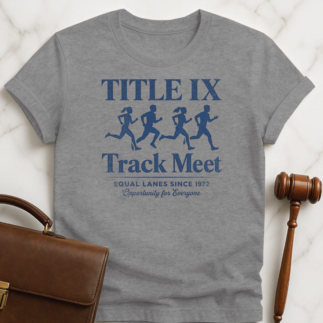 feminist new lawyer graphic tee that says Title 9 track meet equal lanes since featuring two women and two men running in grey
