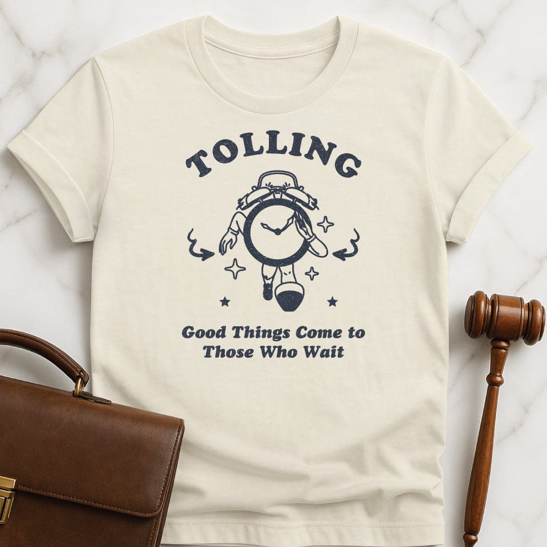 funny law school graduate tshirt that says Tolling Good things come to those who wait featuring retro alarm clock with legs and stars and arrows in cream