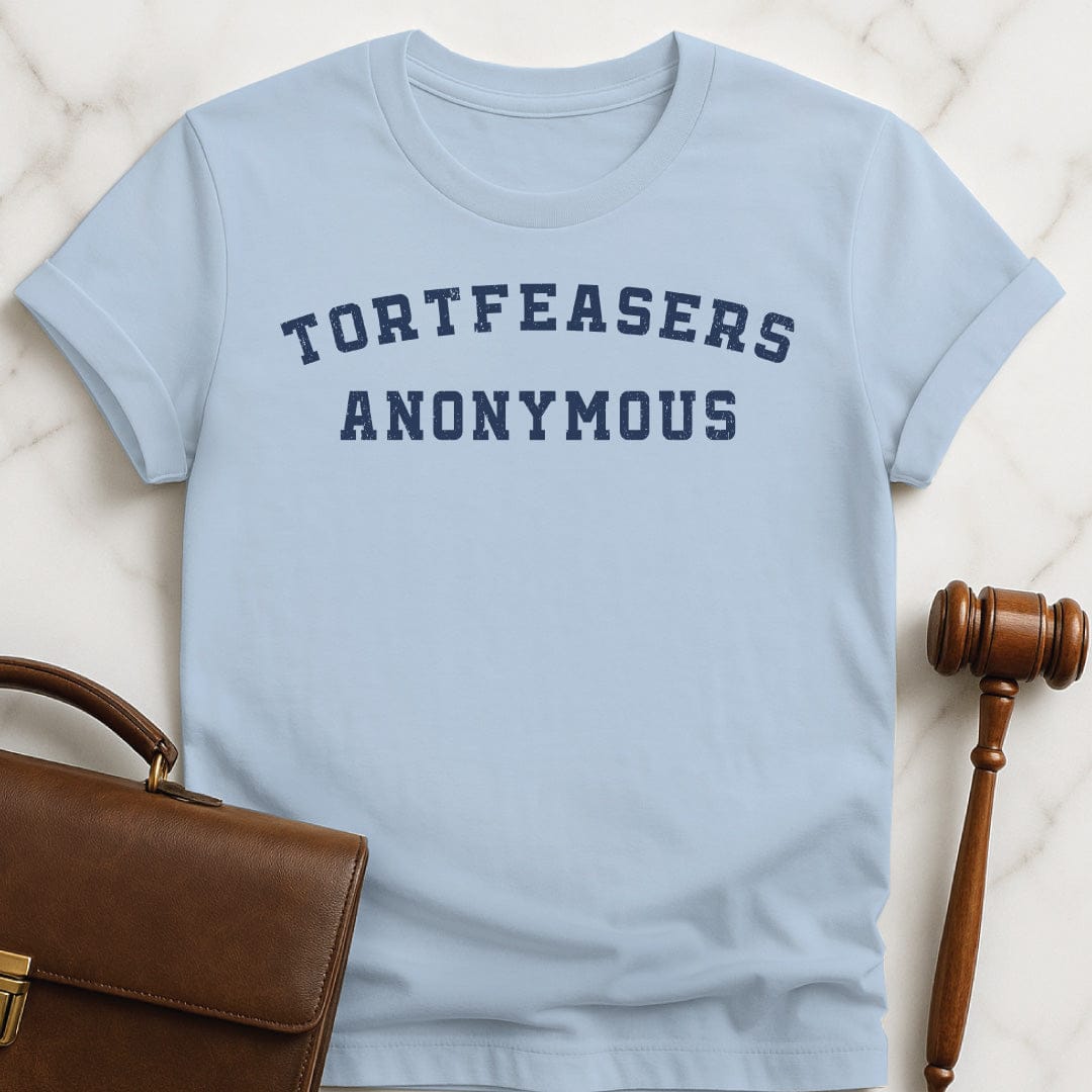 funny law student graphic t-shirt that says tortfeasers anonymous in blue