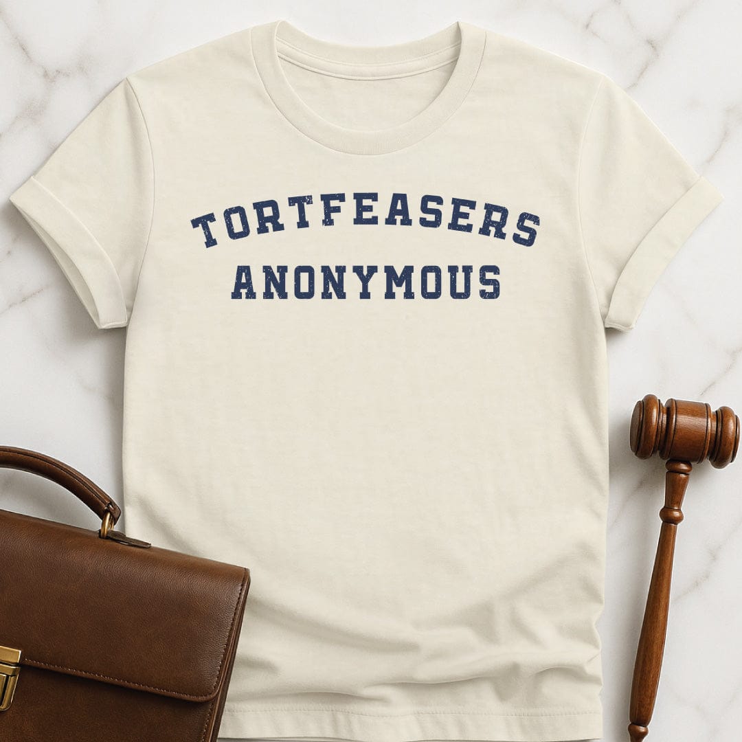 funny law graduate graphic tshirt that says tortfeasers anonymous in cream