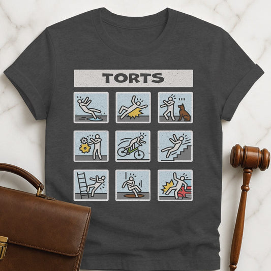 funny attorney tshirt that says Torts featuring multiple cartoons of people falling down and injuring themselves in grey