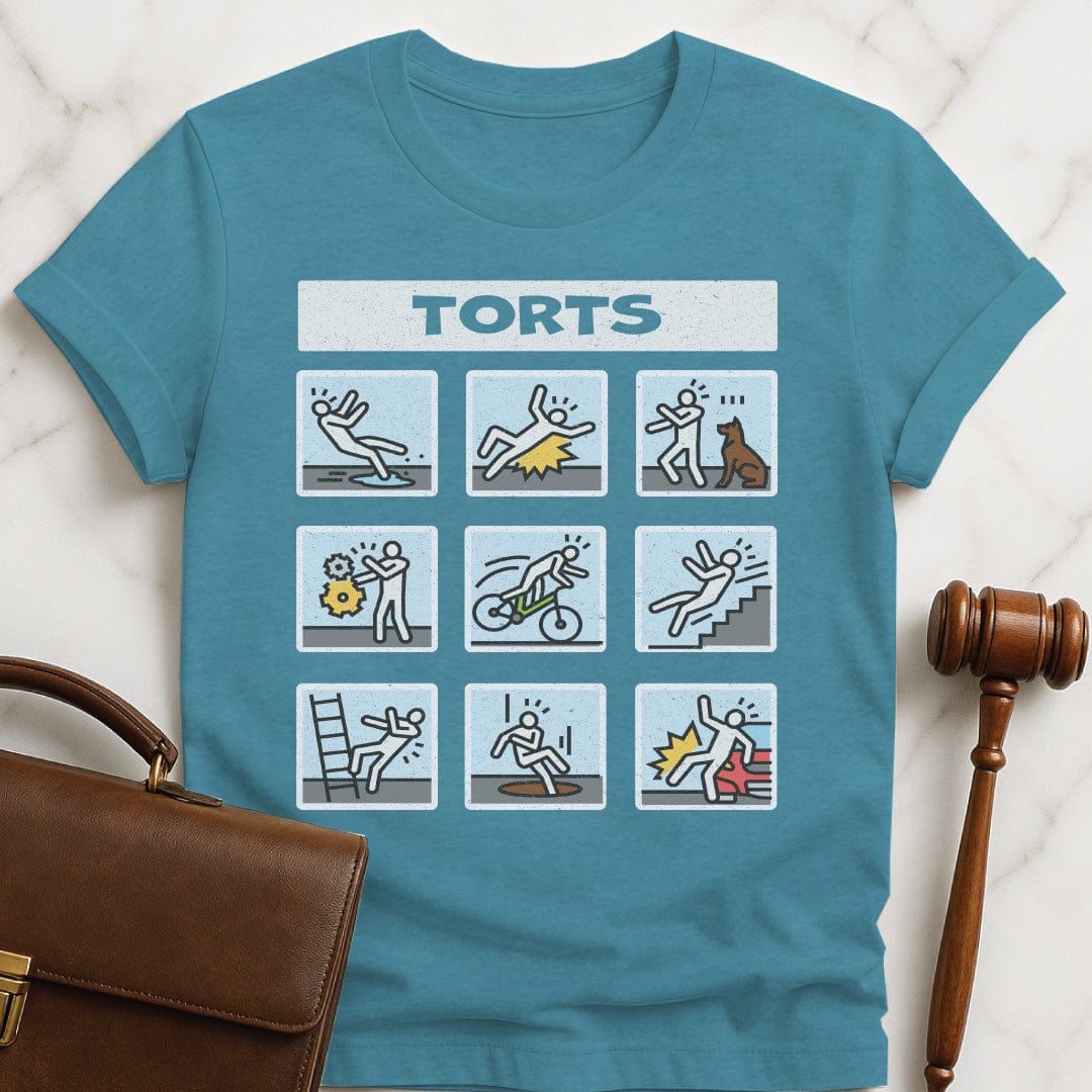 funny law school grad tshirt that says Torts featuring multiple cartoons of people falling down and injuring themselves in heather aqua