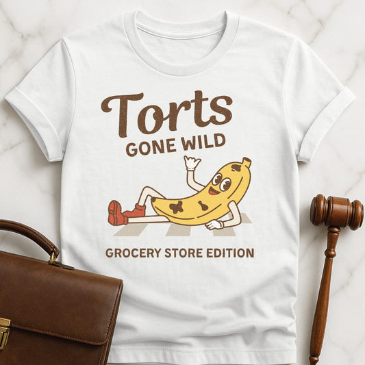 lawyer graphic tee that says Torts Gone Wild Grocery Store Edition in white