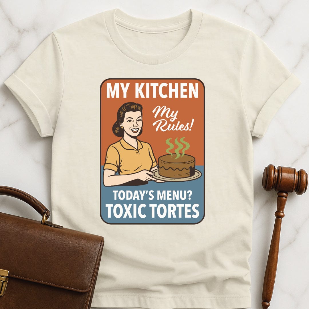 cool law school graphic tee that says my kitchen my rules todays menu toxic tortes featuring a retro woman holding a chocolate tort with green steam rising from it in cream