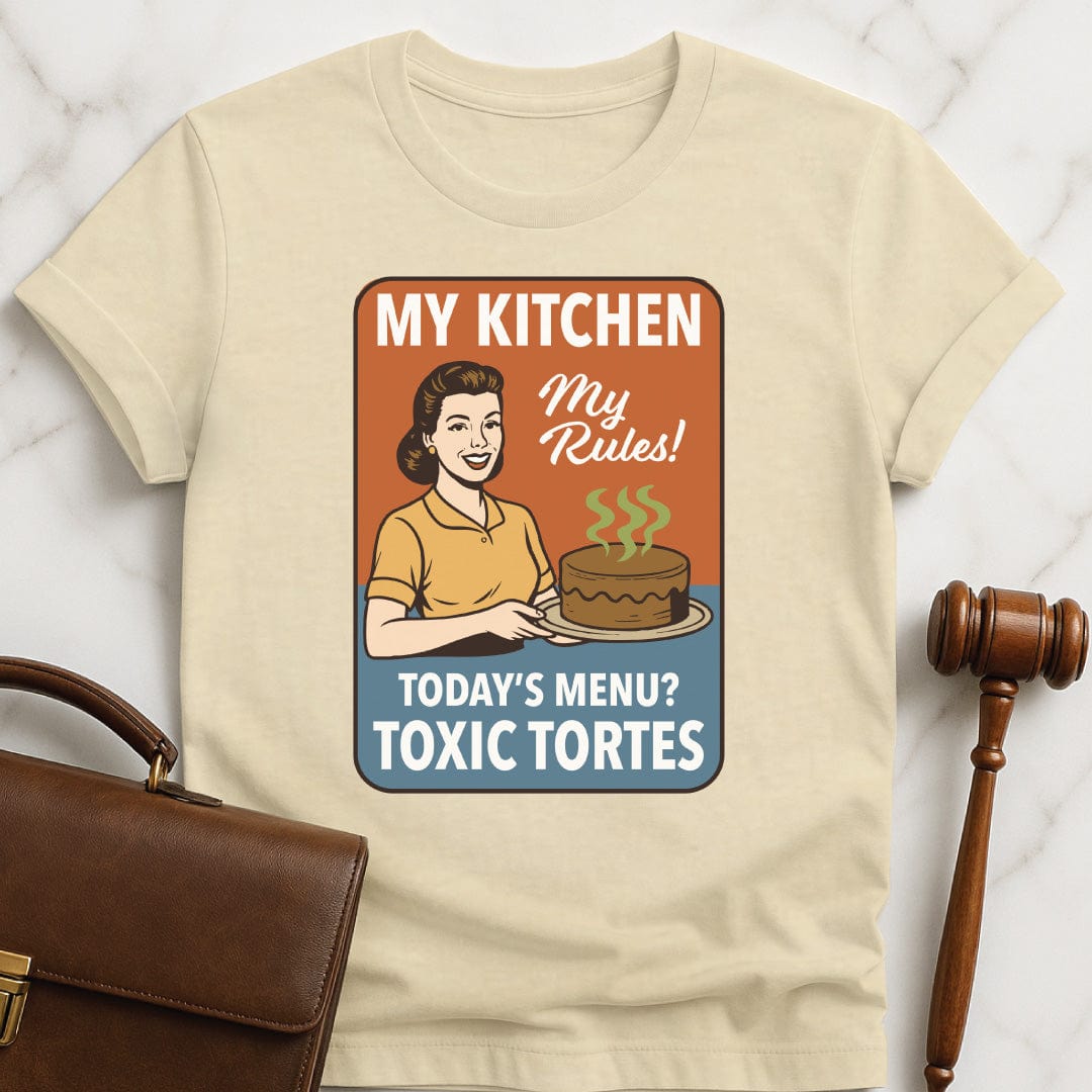cool new lawyer graphic t shirt that says my kitchen my rules todays menu toxic tortes featuring a retro woman holding a chocolate tort with green steam rising from it in cream