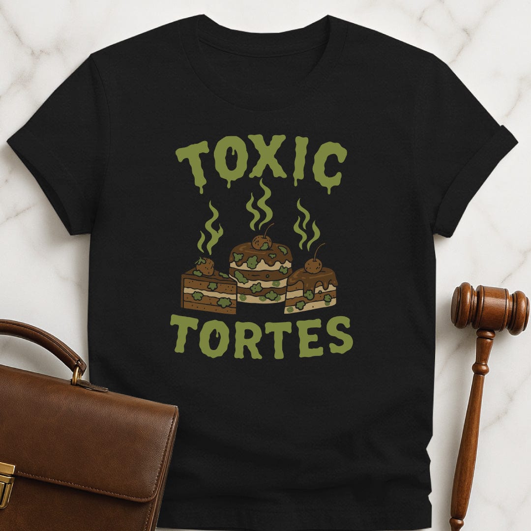 funny law student graphic t-shirt that says Toxic Tortes featuring torte cakes that are rotten in black