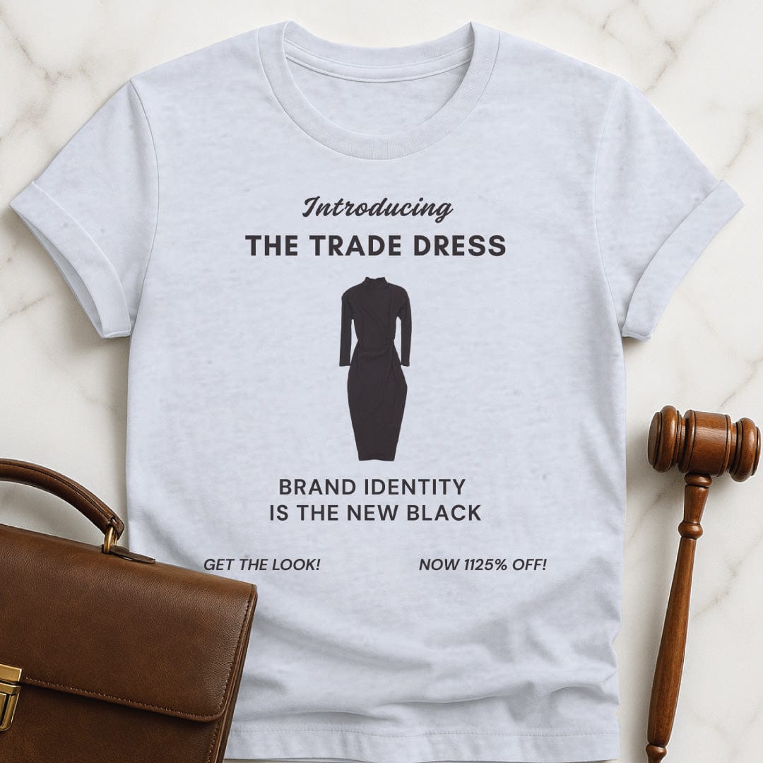 unique attorney graphic t-shirt that says Introducing the trade dress Brand identity is featuring black dress in grey