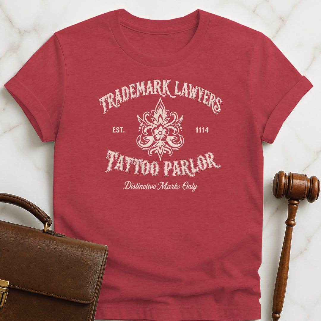 funny attorney t-shirt that says Trademark lawyers tattoo parlor est 1114 distinctive marks only in heather red