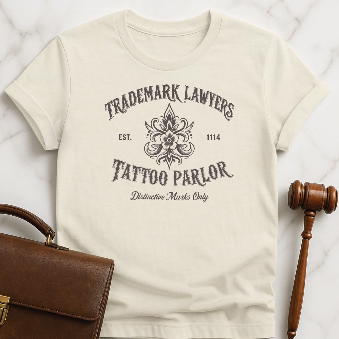 cool law school t shirt that says Trademark lawyers tattoo parlor est 1114 distinctive marks only in cream