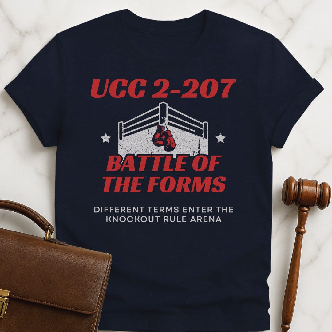 funny law student t-shirt that says UCC 2-207 Battle of the forms different featuring boxing ring in blue
