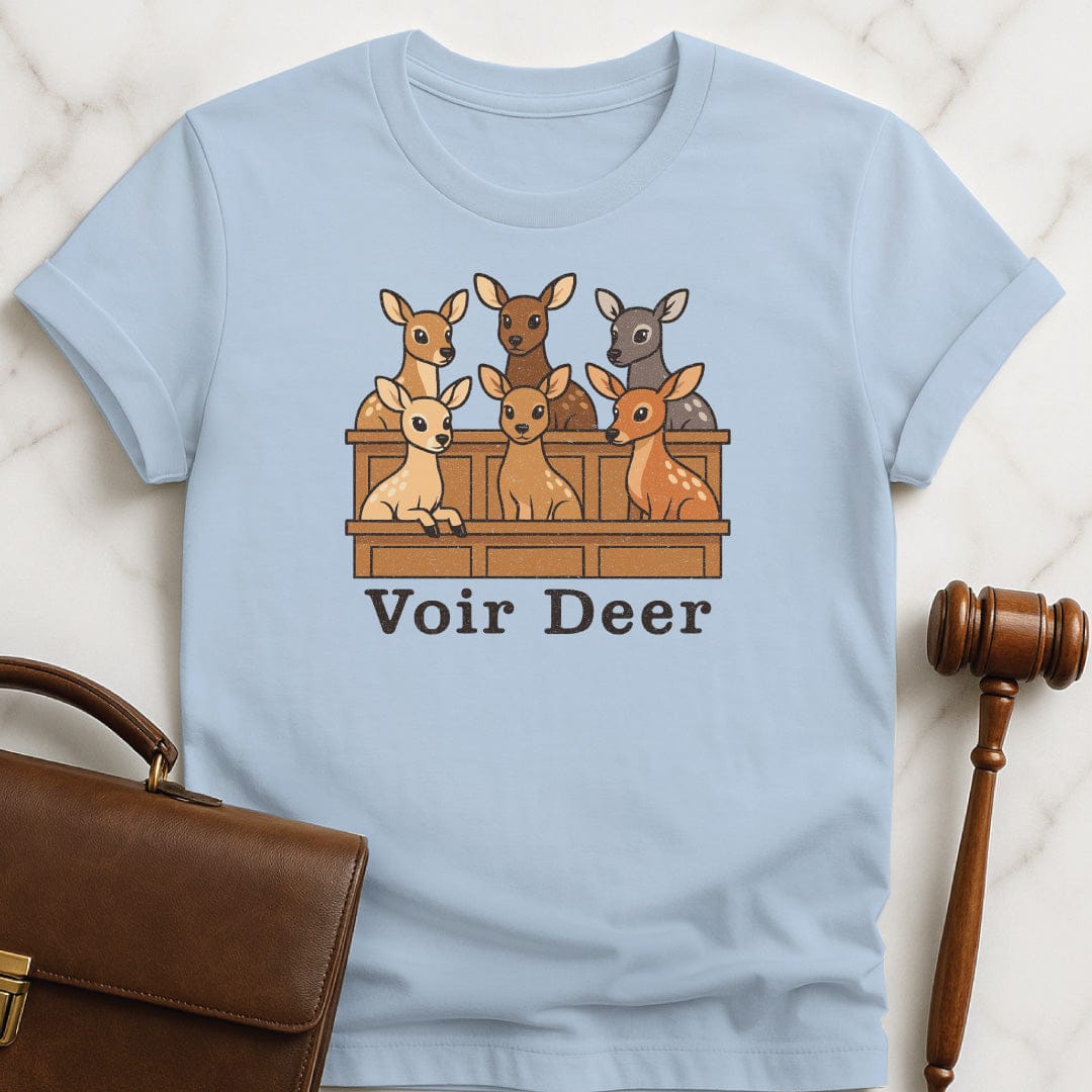 funny new attorney t-shirt that says Voir Deer featuring deer in a jury box in blue