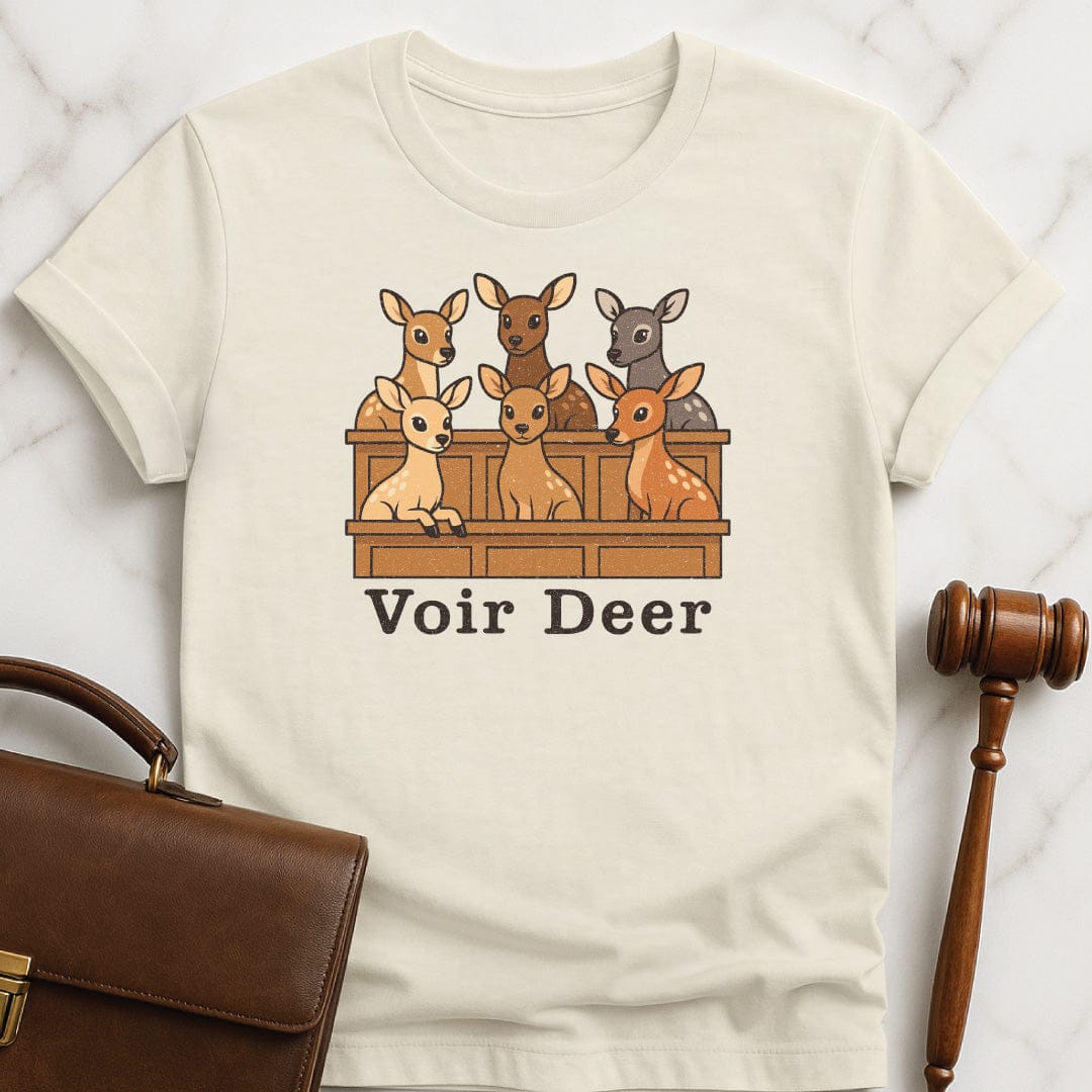 funny law student tshirt that says Voir Deer featuring deer in a jury box in cream