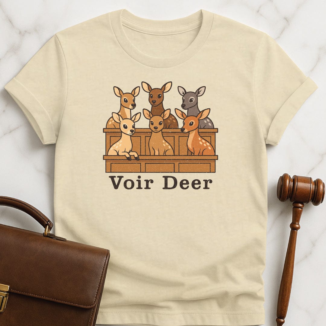 funny law graduate graphic t-shirt that says Voir Deer featuring deer in a jury box in cream