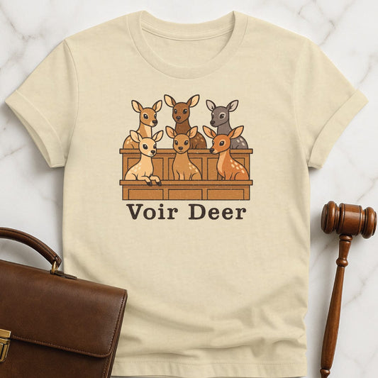 funny law graduate graphic t-shirt that says Voir Deer featuring deer in a jury box in cream