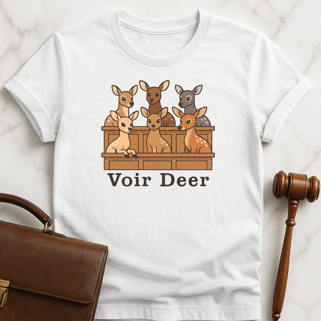funny law school grad graphic tshirt that says Voir Deer featuring deer in a jury box in white
