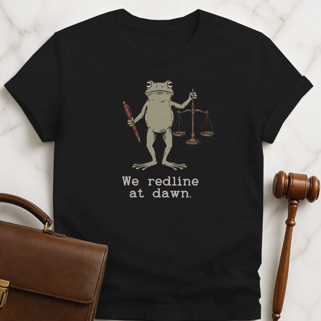 cute new lawyer tee that says we redline at dawn featuring toad holding a red pen and scales of justice in black