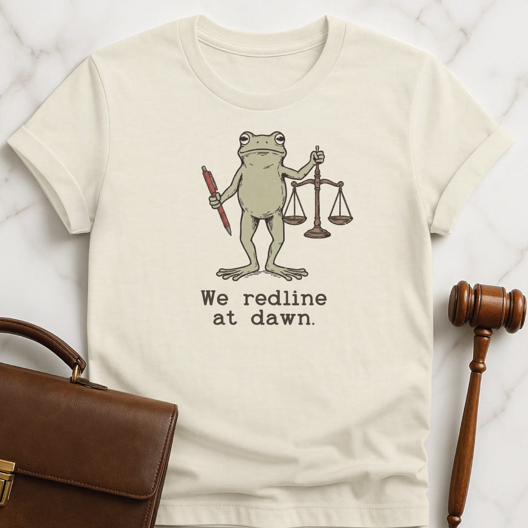 cute lawyer graphic t shirt that says we redline at dawn featuring toad holding a red pen and scales of justice in cream