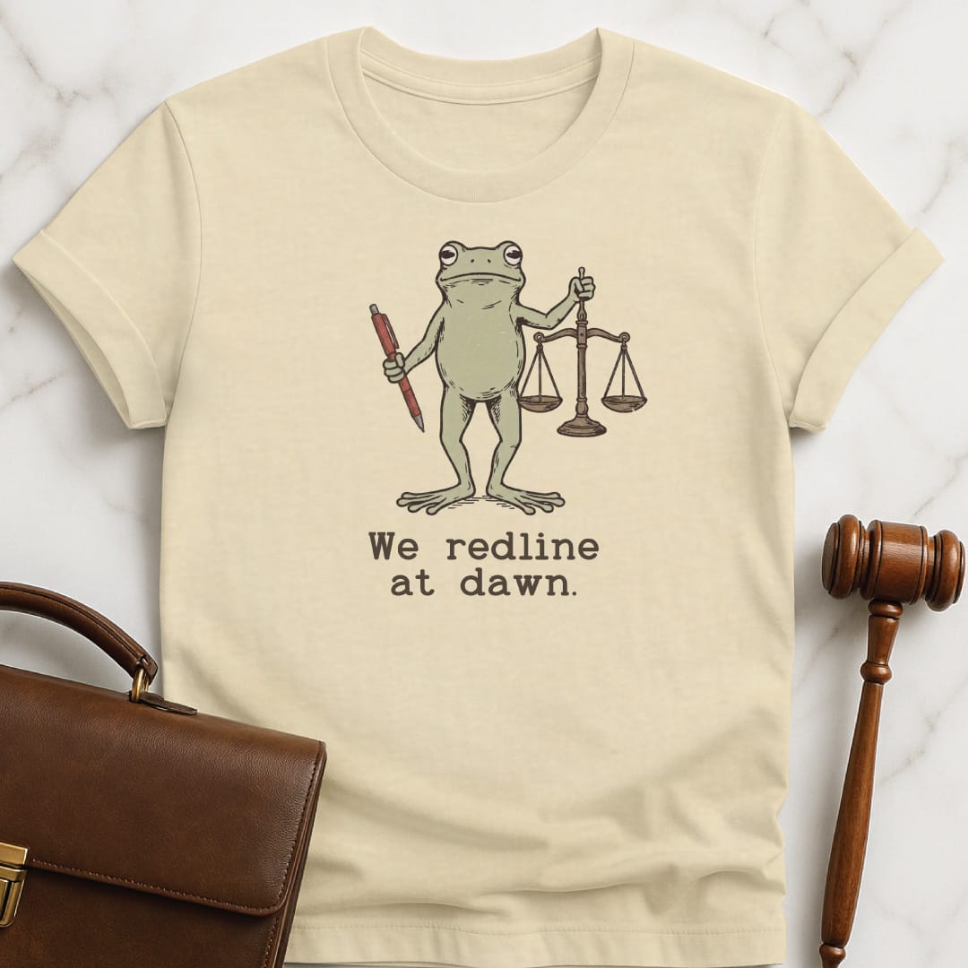 cool attorney graphic tshirt that says we redline at dawn featuring toad holding a red pen and scales of justice in cream