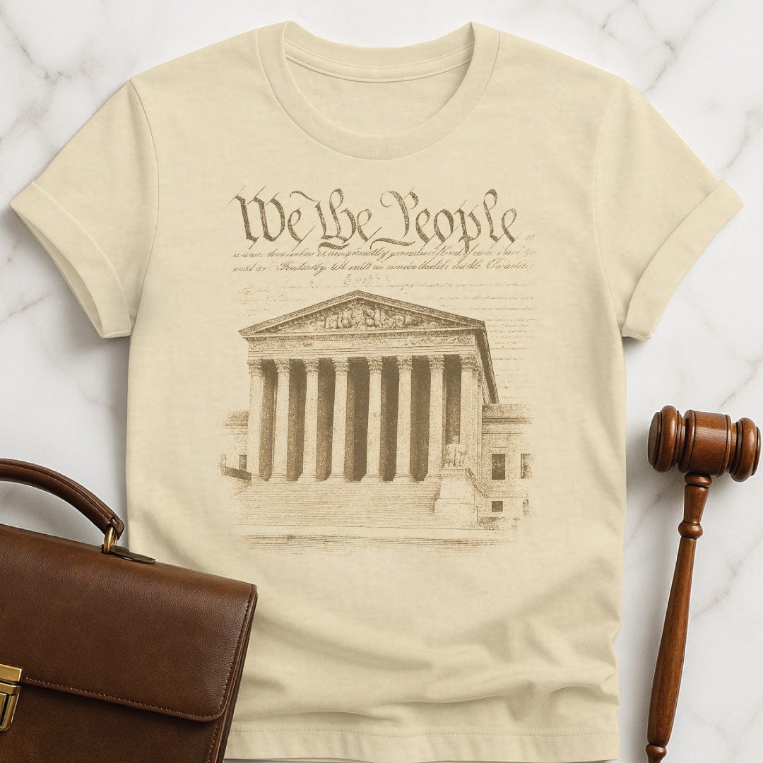 cool law grad t shirt that says we the people featuring an old fashioned text and supreme court building in cream