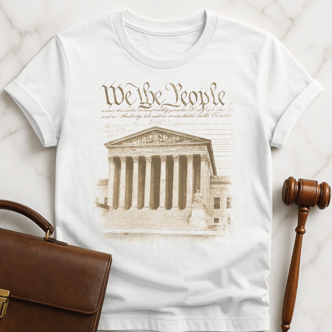 cool new lawyer tee that says we the people featuring an old fashioned text and supreme court building in white