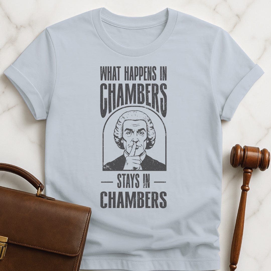 cool law school graduate graphic t shirt that says what happens in chambers stays in chambers featuring a judge with his fingers to his lips in blue