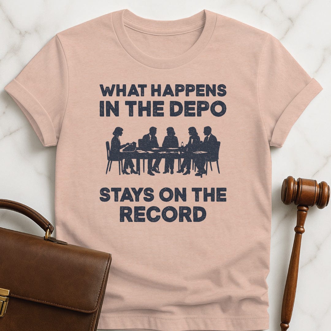 funny law school grad t-shirt that says What happens in the depo stays on the record featuring silhouette of people at a conference table during a deposition in heather peach