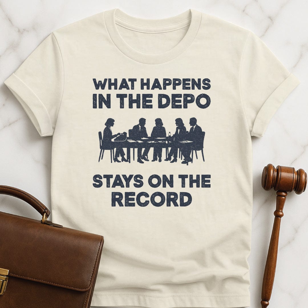 cool law school graphic t shirt that says What happens in the depo stays on the record featuring silhouette of people at a conference table during a deposition in cream
