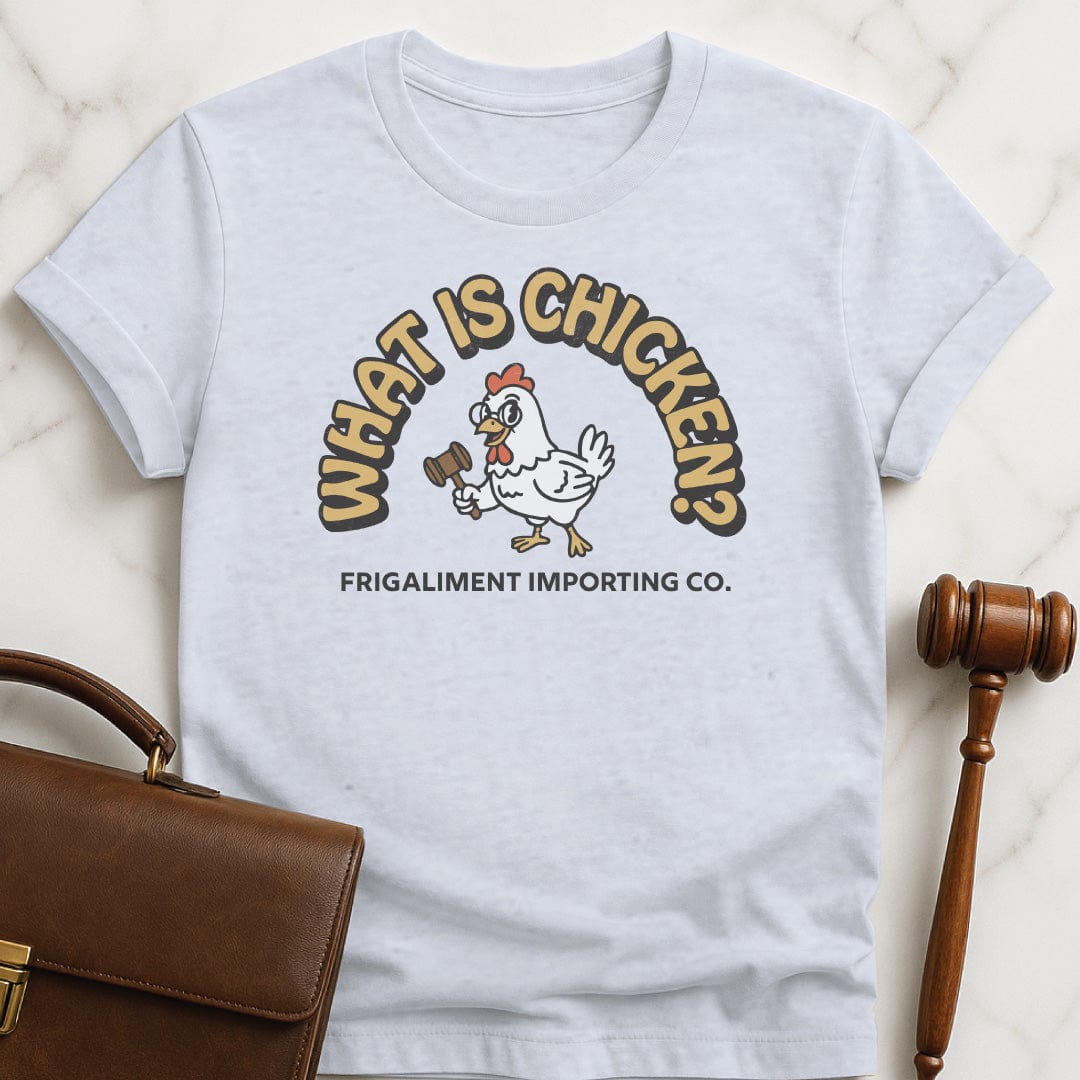 funny law student graphic tshirt that says What Is Chicken Frigaliment Importing Co featuring retro chicken with glasses and a gavel in grey